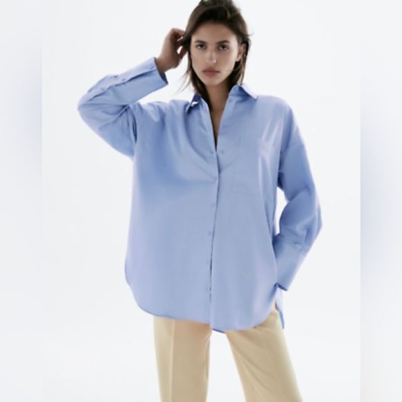NWT ZARA WOMAN OVERSIZED SATIN EFFECT POPLIN BUTTON DOWN SHIRT - Picture 4 of 10